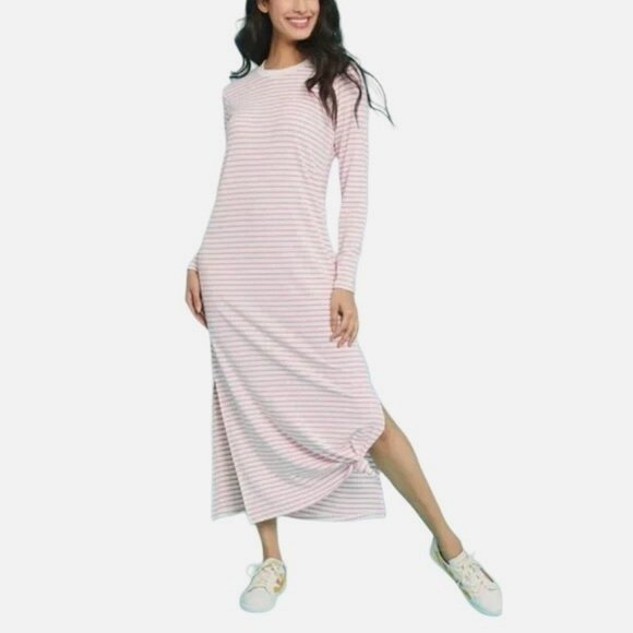 Mod Ref Womens Jaya Dress XS Long Sleeve Maxi Side Slit Knit Pink Stripe T-Shirt - Picture 1 of 7